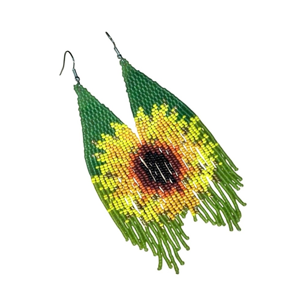 Vibrant Summer Sunflower pattern beaded tassel earrings. New. - Picture 4 of 7